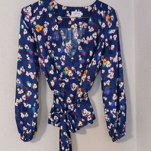 Tanya Taylor Blue and White Puff Sleeve Wrap Blouse